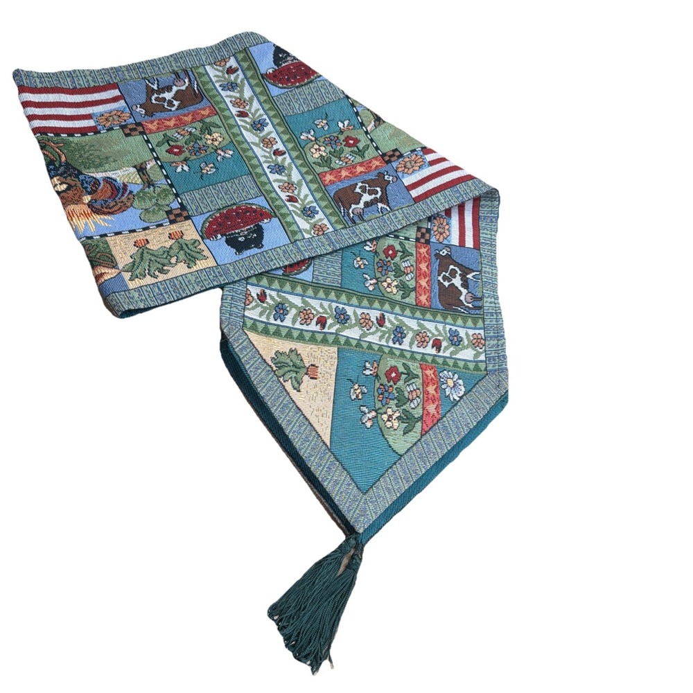 Vtg Handmade?‎ Country Farmhouse Barnyard Rooster Tapestry Table Runner 70"x12"